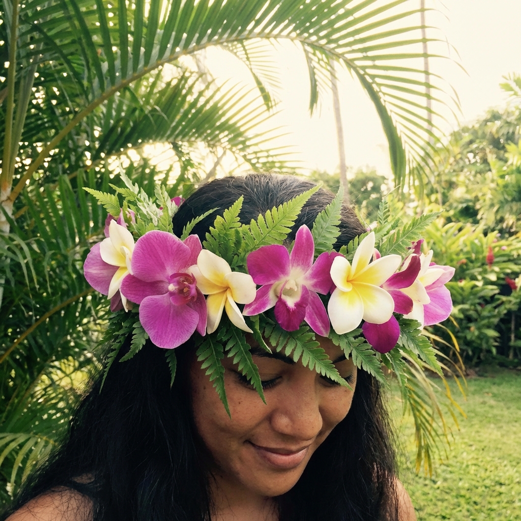 Detalle de tocado floral polinesio
